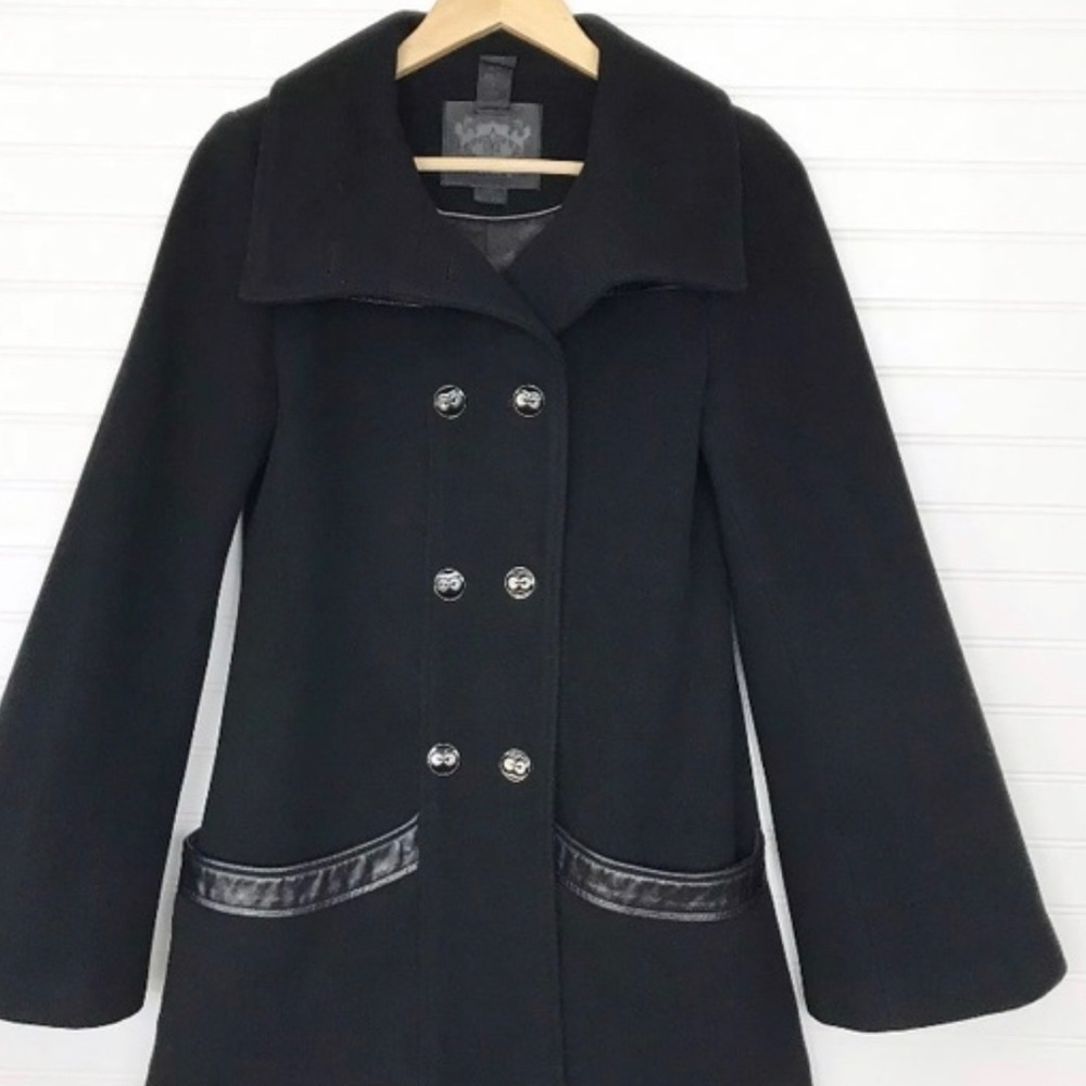 Mackage Black Cashmere Wool Blend Mid Coat High Double Breasted pleated